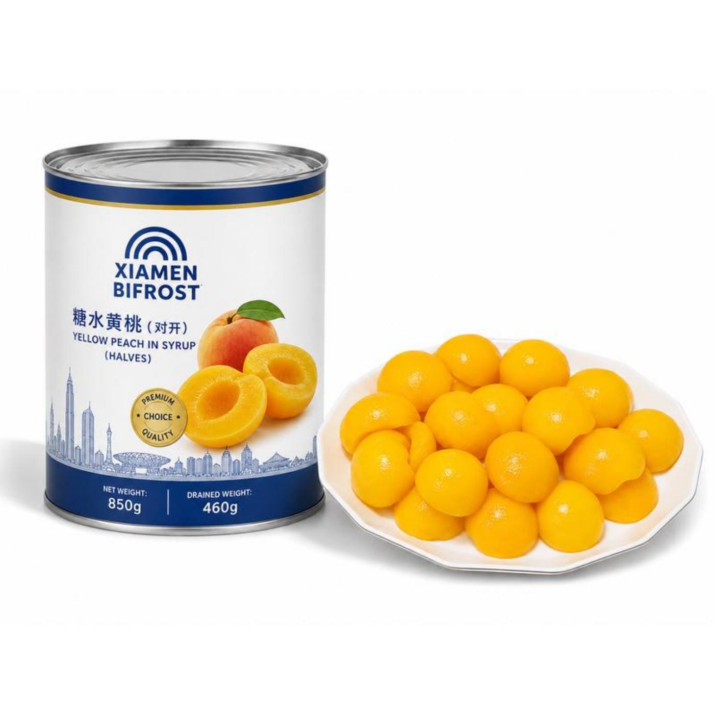Canned yellow peach halves slices and diced in syrup