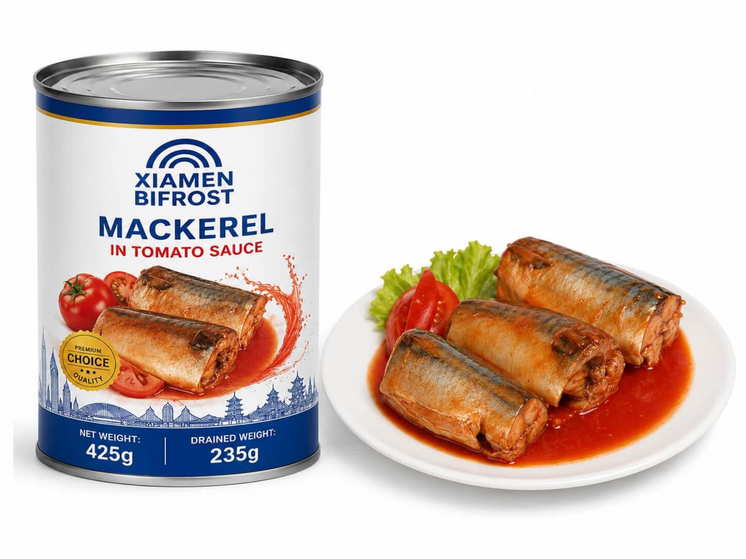 Canned mackerel in tomato sauce brine water or oil