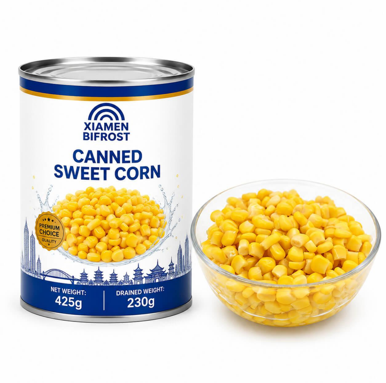 Canned sweet corn in different can sizes for retail and food service